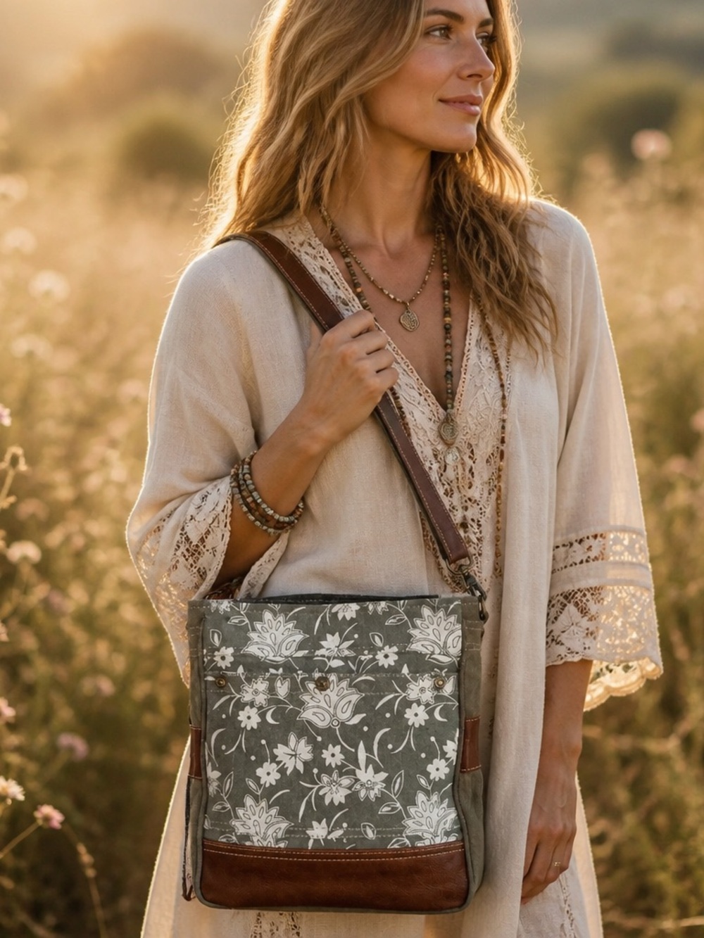 Myra Bag Boho Blossom Crossbody Canvas Leather Floral Purse NWT